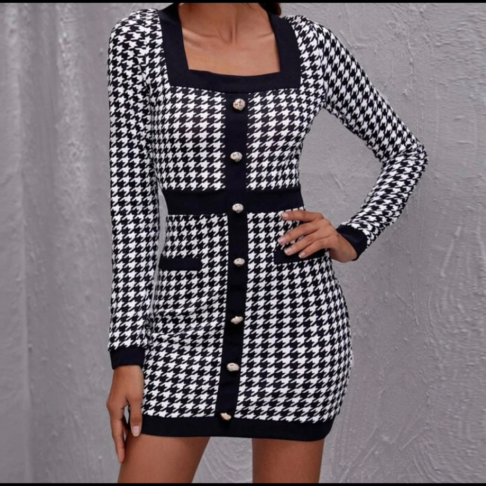 Button Front Houndstooth Bodycon Dress